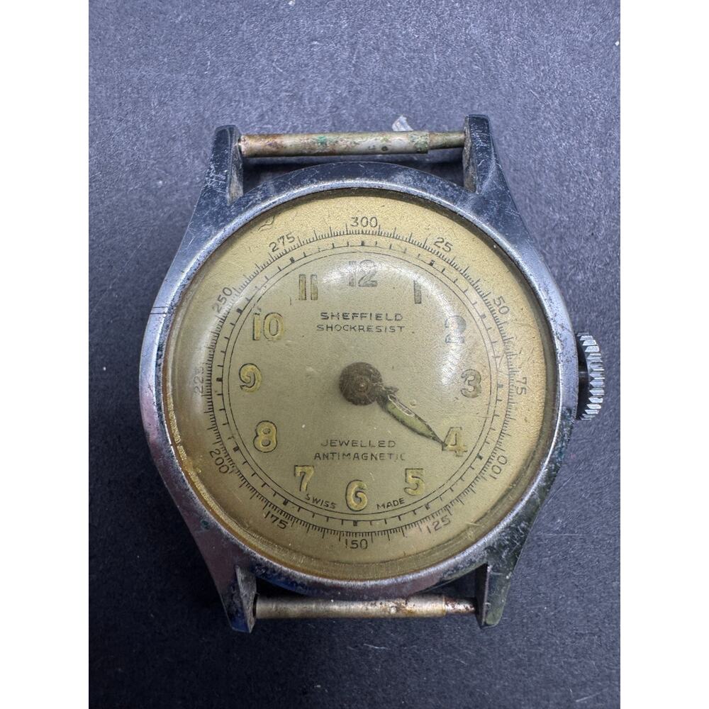 Vintage Sheffield Shockresist Jeweled Antimagnetic Military Style Watch 32mm